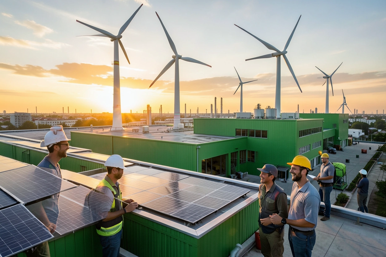 Usine verte, énergie propre, travailleurs
